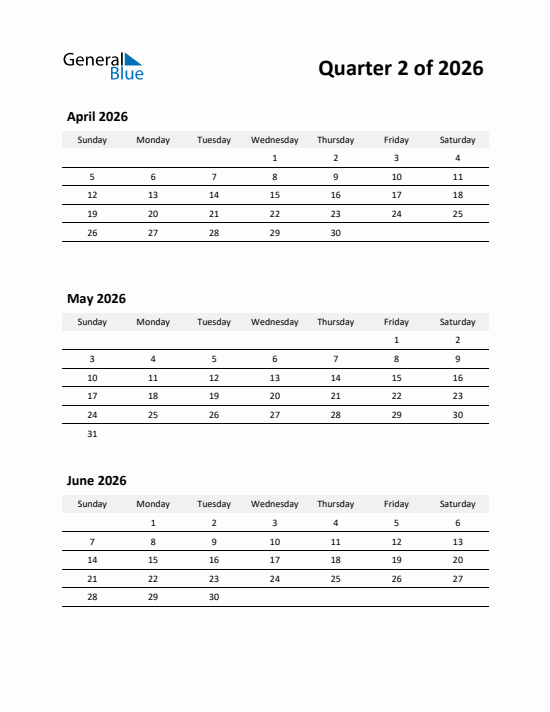 Quarter 2 2026 calendar template