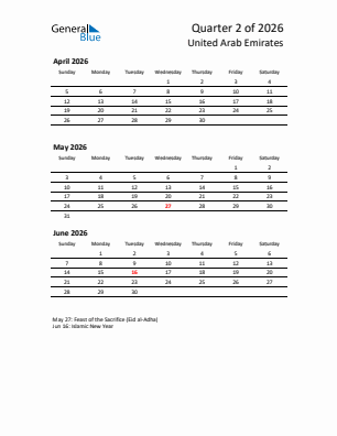 United Arab Emirates Quarter 2  2026 calendar template