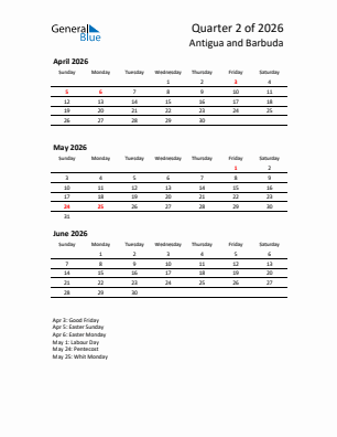 Antigua and Barbuda Quarter 2  2026 calendar template