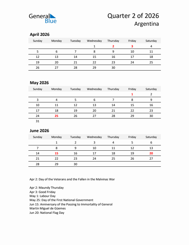 2026 Q2 Three-Month Calendar for Argentina