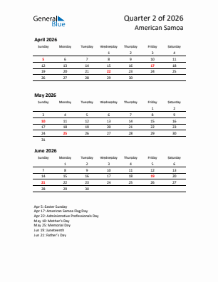 American Samoa Quarter 2  2026 calendar template