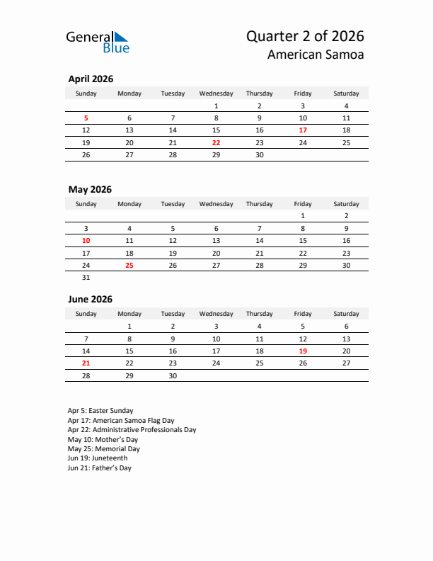 2026 Q2 Three-Month Calendar for American Samoa