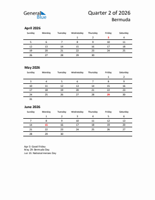 Bermuda Quarter 2  2026 calendar template