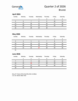 Brunei Quarter 2  2026 calendar template
