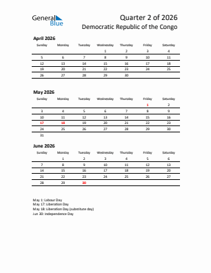 Democratic Republic of the Congo Quarter 2  2026 calendar template