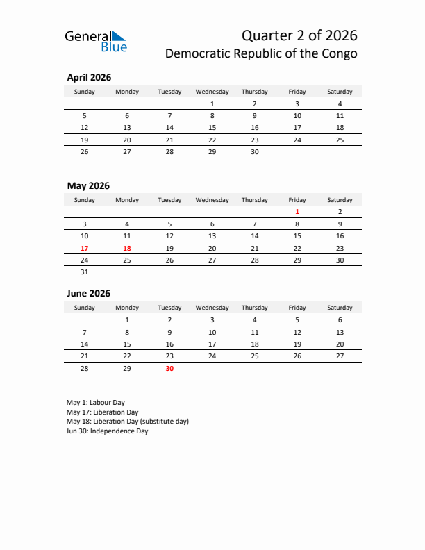 2026 Q2 Three-Month Calendar for Democratic Republic of the Congo