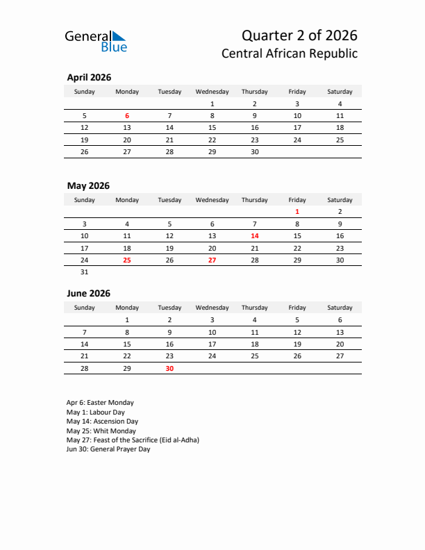 2026 Q2 Three-Month Calendar for Central African Republic