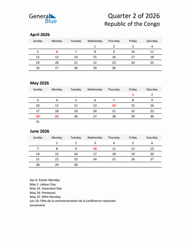 2026 Q2 Three-Month Calendar for Republic of the Congo