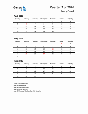 Ivory Coast Quarter 2  2026 calendar template
