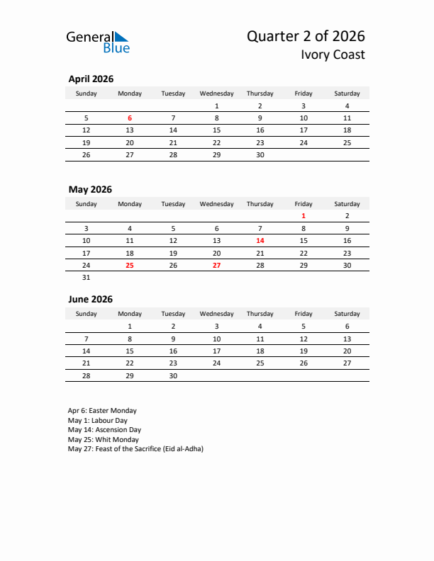 2026 Q2 Three-Month Calendar for Ivory Coast