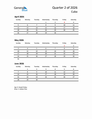 Cuba Quarter 2  2026 calendar template