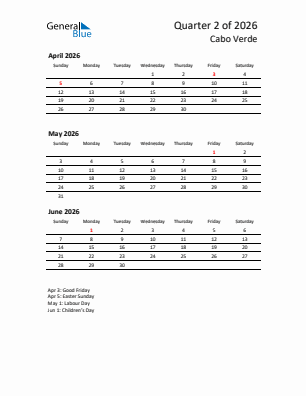Cabo Verde Quarter 2  2026 calendar template