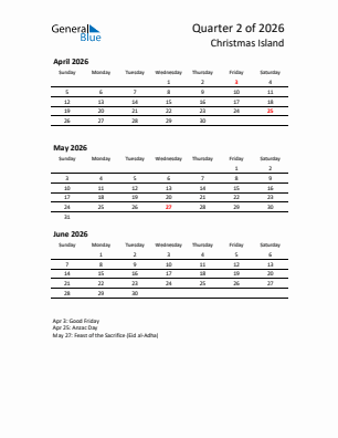 Christmas Island Quarter 2  2026 calendar template