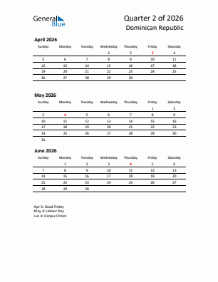 Dominican Republic Quarter 2  2026 calendar template