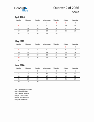 Spain Quarter 2  2026 calendar template