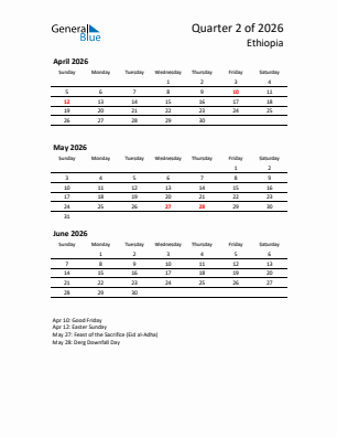Ethiopia Quarter 2  2026 calendar template