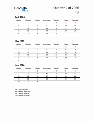 Fiji Quarter 2  2026 calendar template