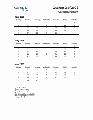 United Kingdom Quarter 2  2026 calendar template