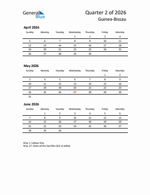 Guinea-Bissau Quarter 2  2026 calendar template