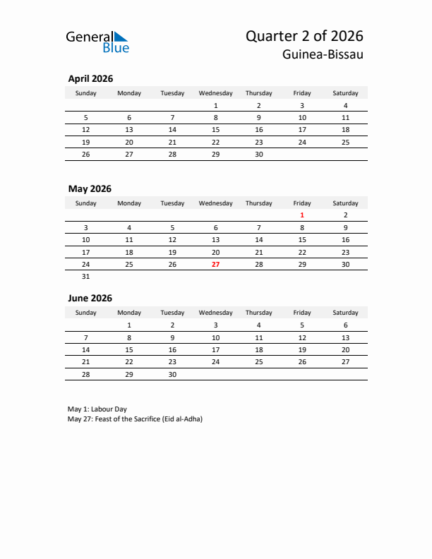 2026 Q2 Three-Month Calendar for Guinea-Bissau