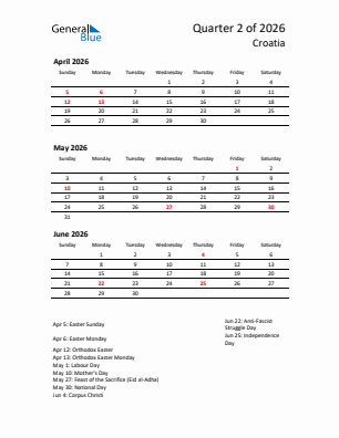 Croatia Quarter 2  2026 calendar template