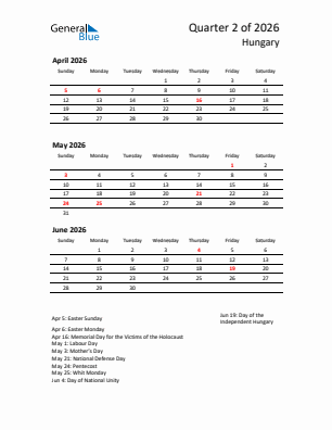 Hungary Quarter 2  2026 calendar template