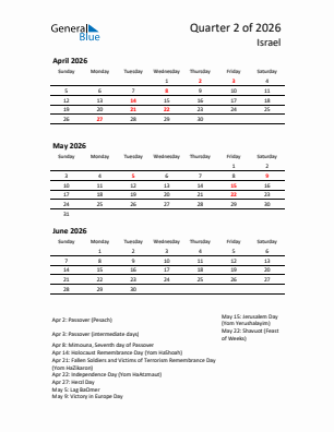 Israel Quarter 2  2026 calendar template