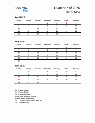 Isle of Man Quarter 2  2026 calendar template