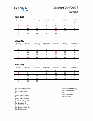 Iceland Quarter 2  2026 calendar template