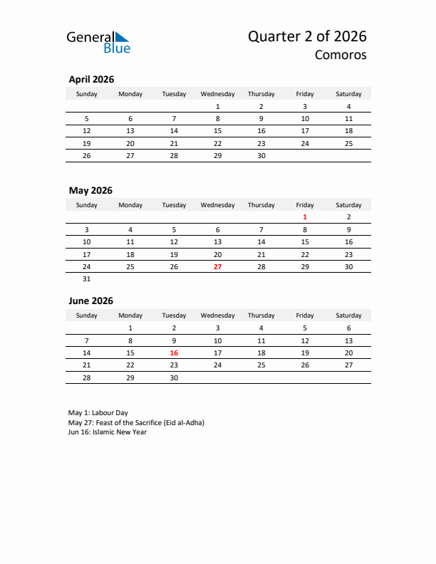 2026 Q2 Three-Month Calendar for Comoros