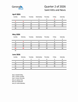 Saint Kitts and Nevis Quarter 2  2026 calendar template