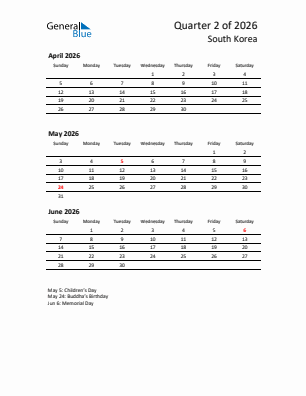 South Korea Quarter 2  2026 calendar template