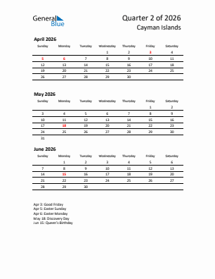 Cayman Islands Quarter 2  2026 calendar template