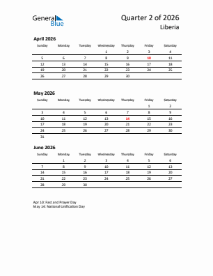 Liberia Quarter 2  2026 calendar template