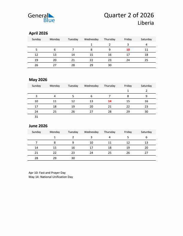 2026 Q2 Three-Month Calendar for Liberia