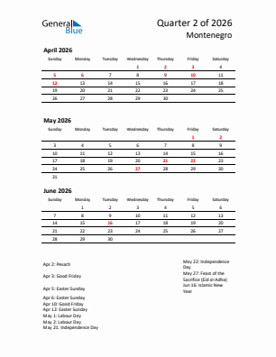 Montenegro Quarter 2  2026 calendar template