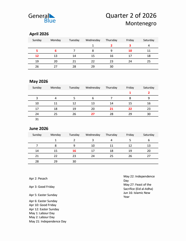 2026 Q2 Three-Month Calendar for Montenegro