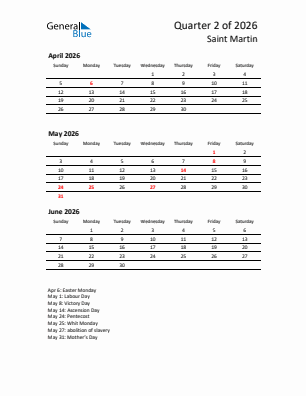 Saint Martin Quarter 2  2026 calendar template