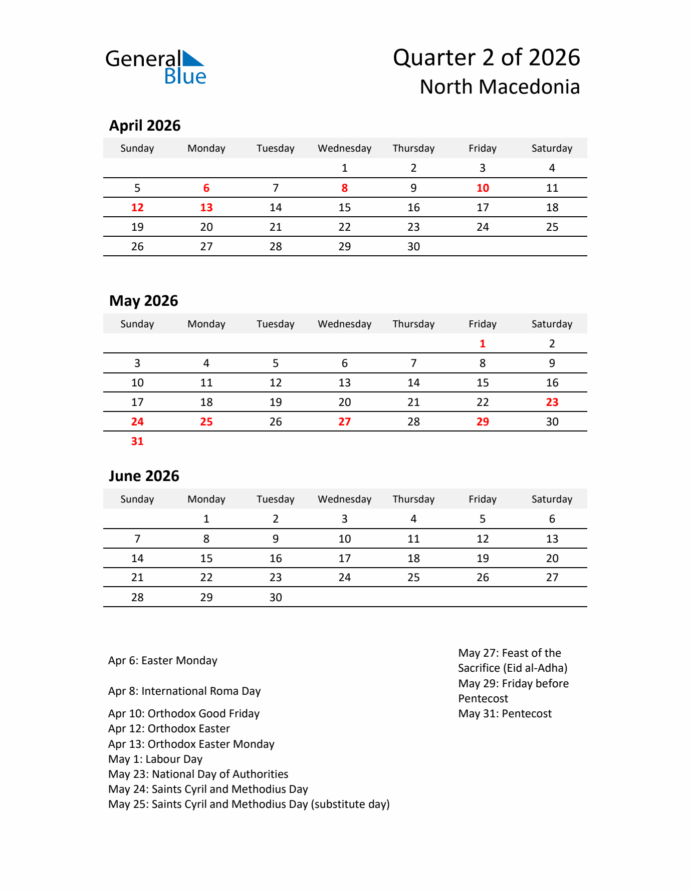 2026 Q2 Three-Month Calendar for North Macedonia