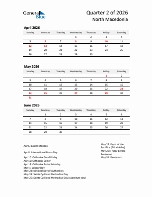 North Macedonia Quarter 2  2026 calendar template