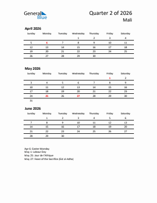 Mali Quarter 2  2026 calendar template
