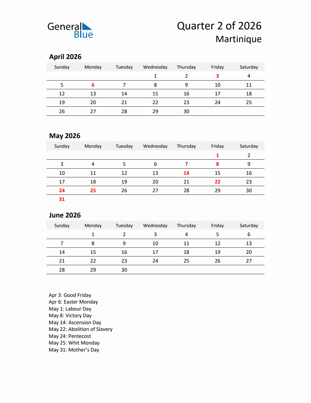 Q2 2026 Quarterly Calendar with Martinique Holidays (PDF, Excel, Word)