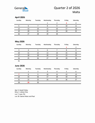 Malta Quarter 2  2026 calendar template