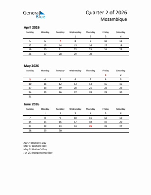 Mozambique Quarter 2  2026 calendar template