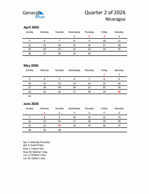 Nicaragua Quarter 2  2026 calendar template