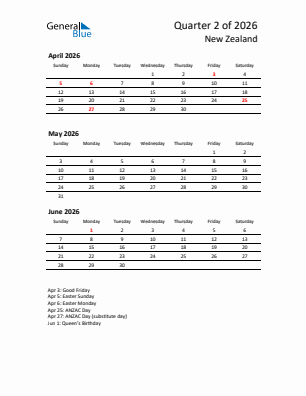 New Zealand Quarter 2  2026 calendar template