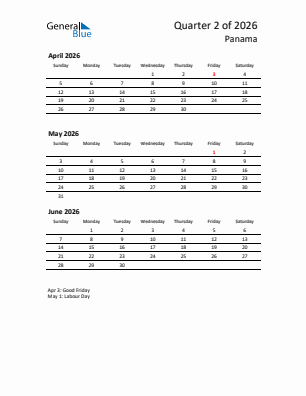 Panama Quarter 2  2026 calendar template