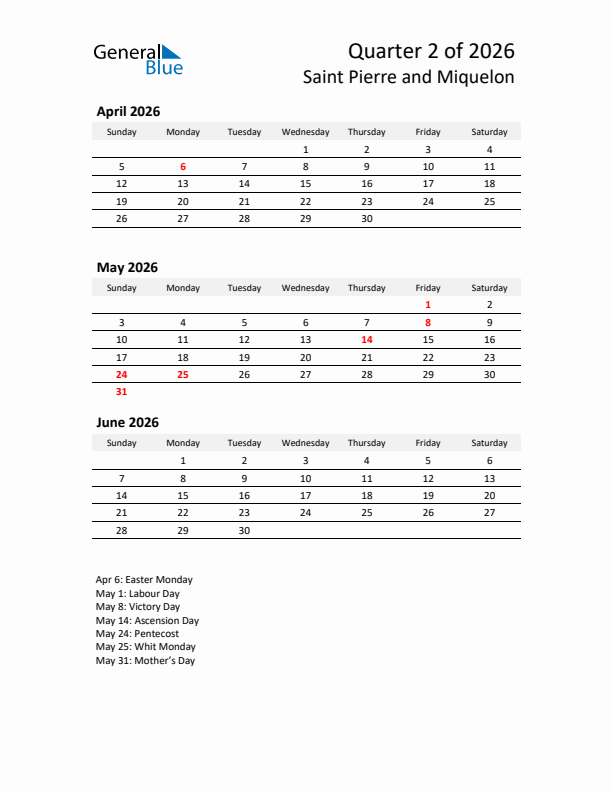 2026 Q2 Three-Month Calendar for Saint Pierre and Miquelon