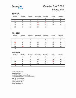 Puerto Rico Quarter 2  2026 calendar template