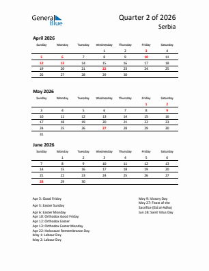 Serbia Quarter 2  2026 calendar template